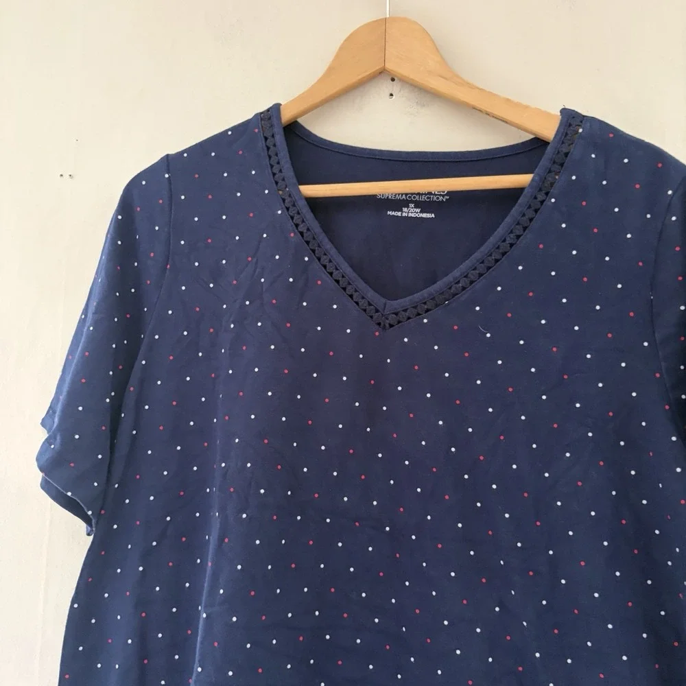 Catherines Womens Suprema Collection Top Size 1X Blue Polka Dot Basics Plus